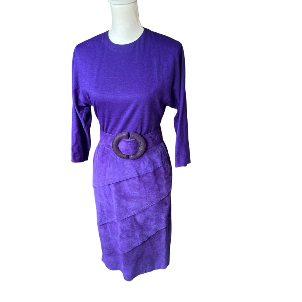 VTG 80s 90s St Gillian purple long sleeve leather skirt dress women petite 4